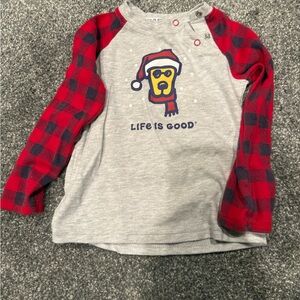 Life Is Good Kids Gray Shirt with Red Plaid Sleeves